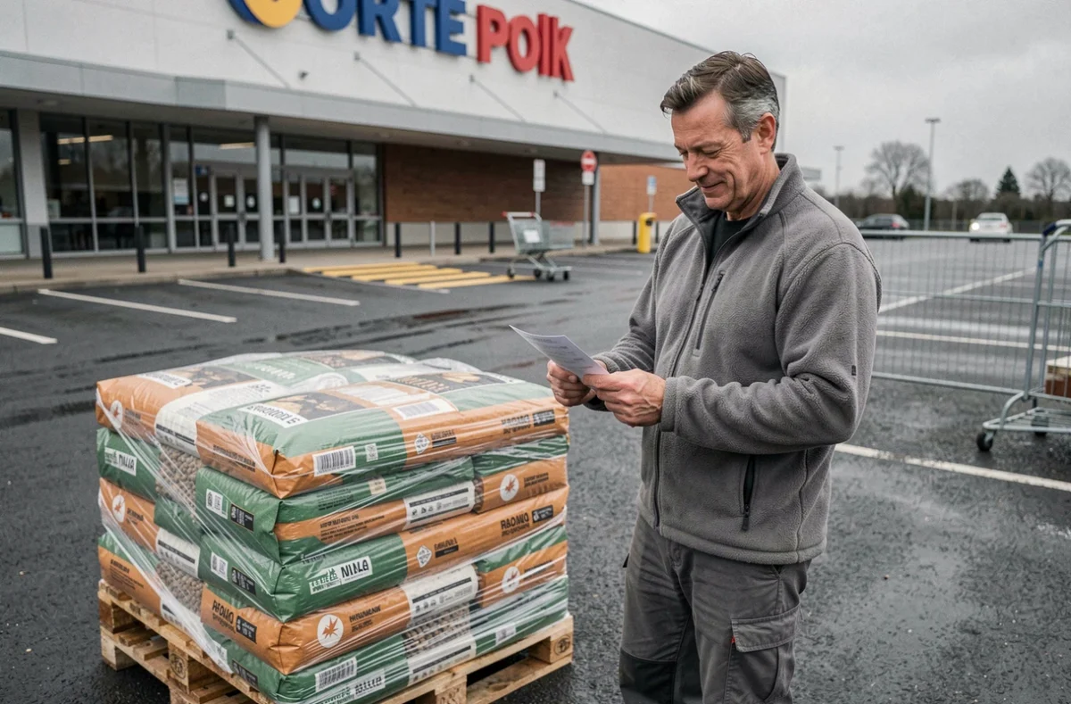 Homme vérifiant son ticket de caisse après l'achat de pellets de bois en palette devant un hypermarché Leclerc
