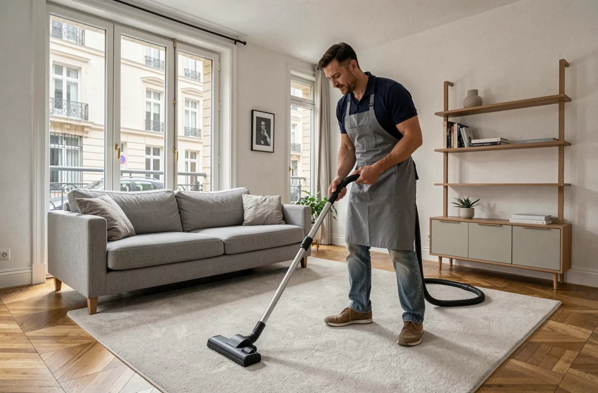 Agent d'entretien passant l'aspirateur dans un salon contemporain lors d'un service de ménage à domicile