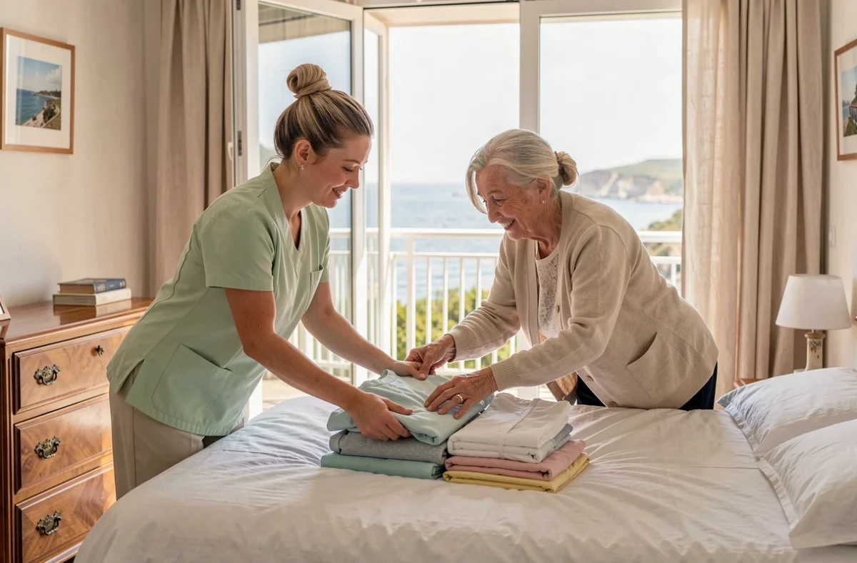 Aide à domicile et personne âgée pliant le linge dans une chambre en bord de mer