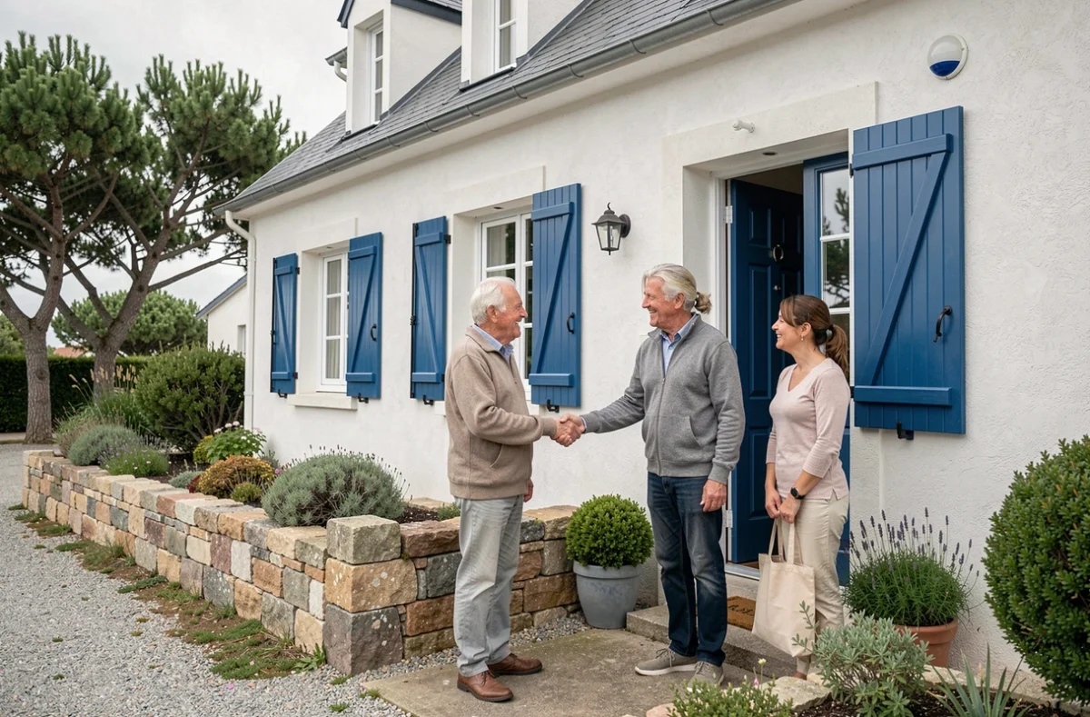 Aide ménagère accueillie par un couple de seniors devant leur maison à La Baule