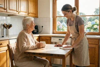 Aide ménagère aidant une senior dans sa cuisine à La Baule