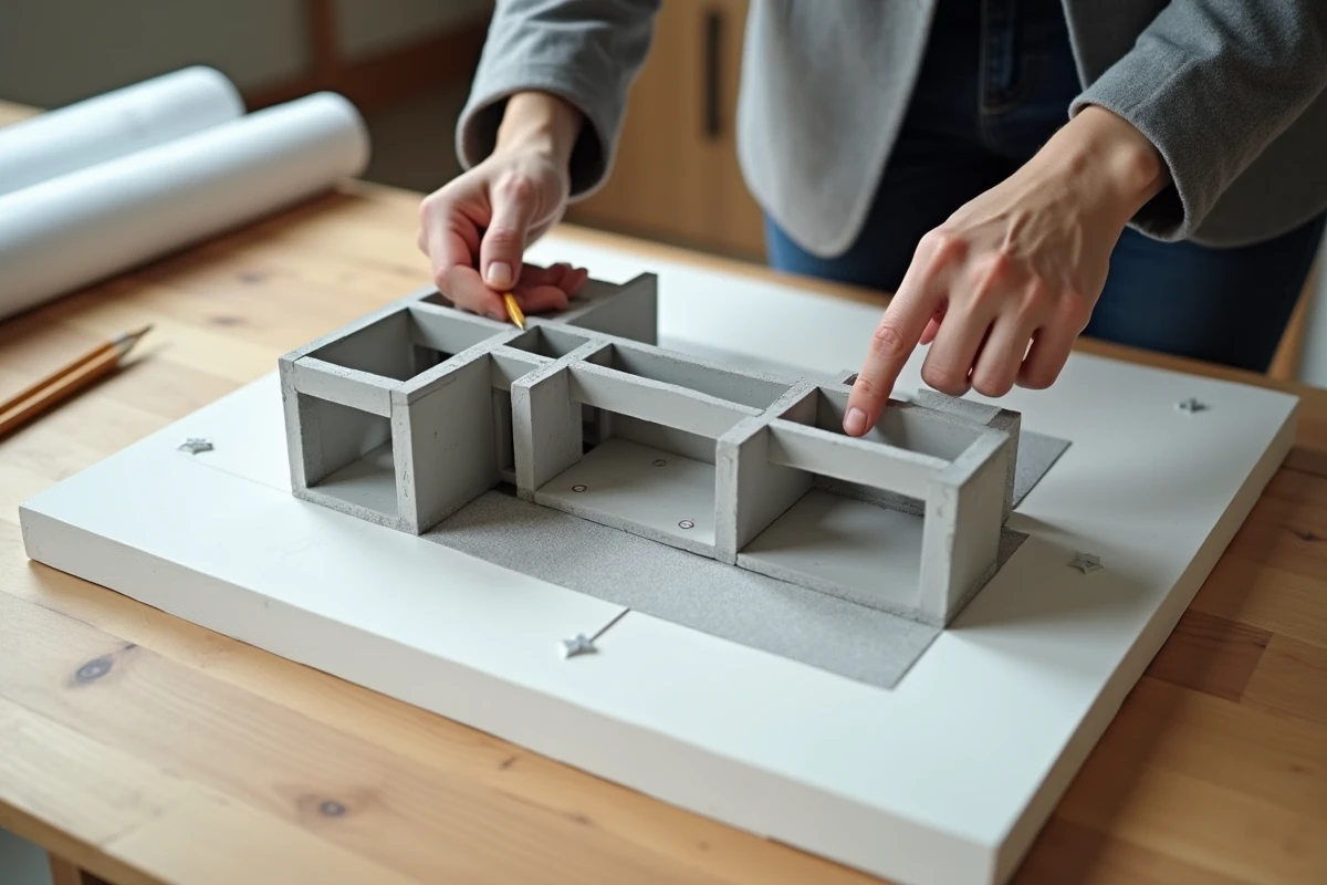 Architecte pointant un mur de refend porteur sur une maquette de plan de construction en bureau d'études
