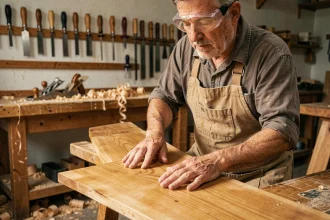 Artisan ébéniste inspectant une planche de bois exotique teck dans un atelier traditionnel de menuiserie