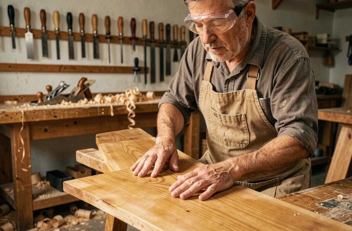 Artisan ébéniste inspectant une planche de bois exotique teck dans un atelier traditionnel de menuiserie