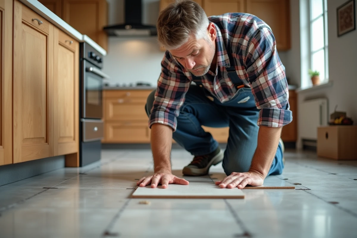 Artisan en train de poser une carreau de cuisine moderne