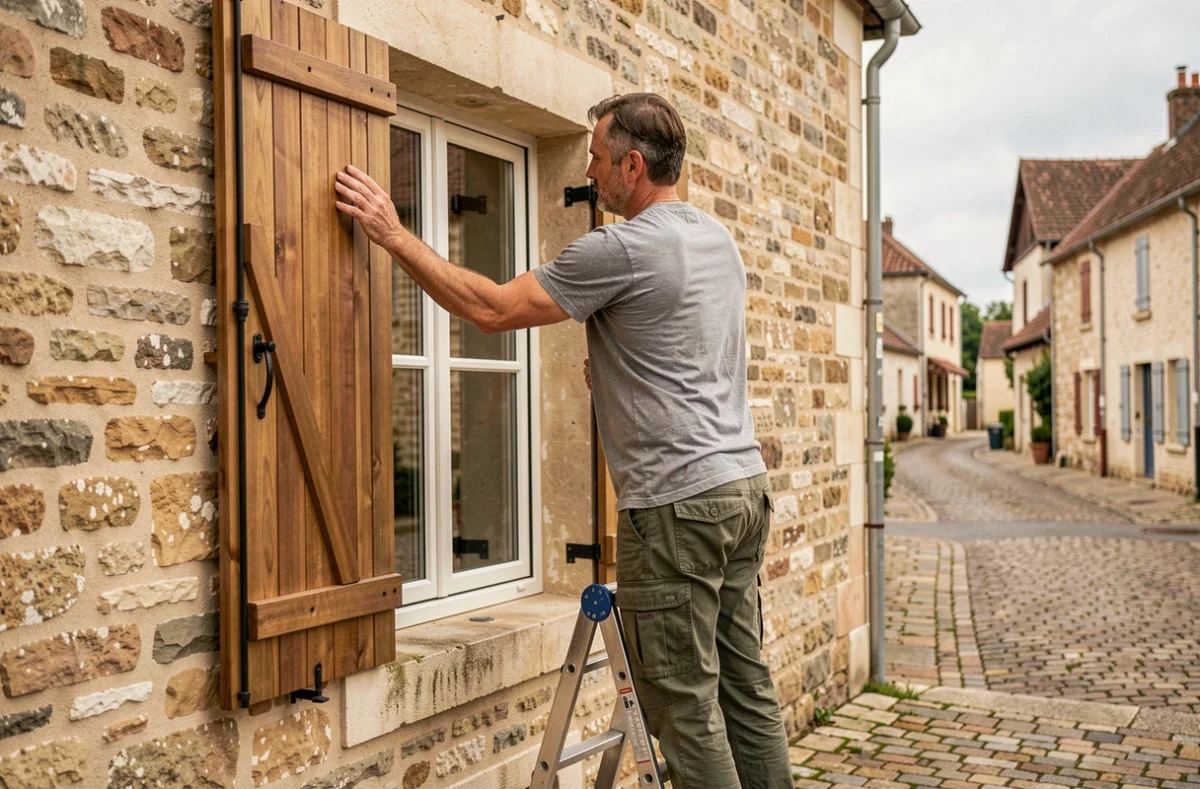 Auchere Patrick posant un volet en bois sur la façade en pierre d'une maison traditionnelle du Val-d'Oise