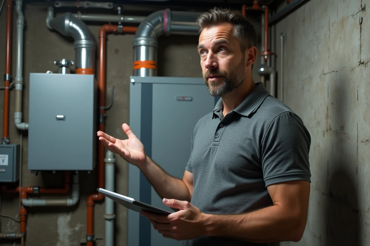 Auditeur énergétique inspectant une chaudière ancienne dans une chaufferie lors d'un diagnostic immobilier
