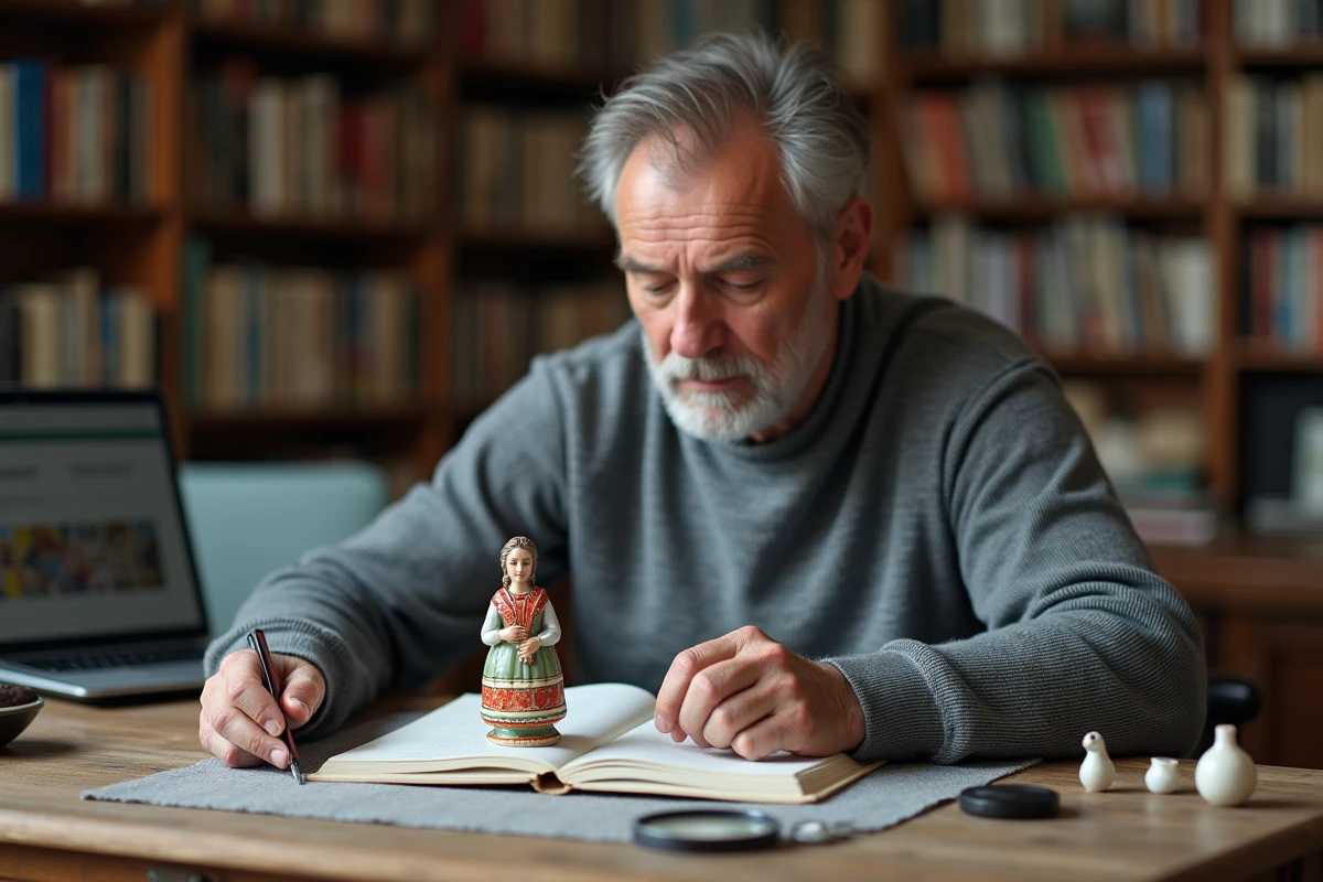 Collectionneur consultant un guide de référence pour authentifier une figurine en faïence Henriot Quimper