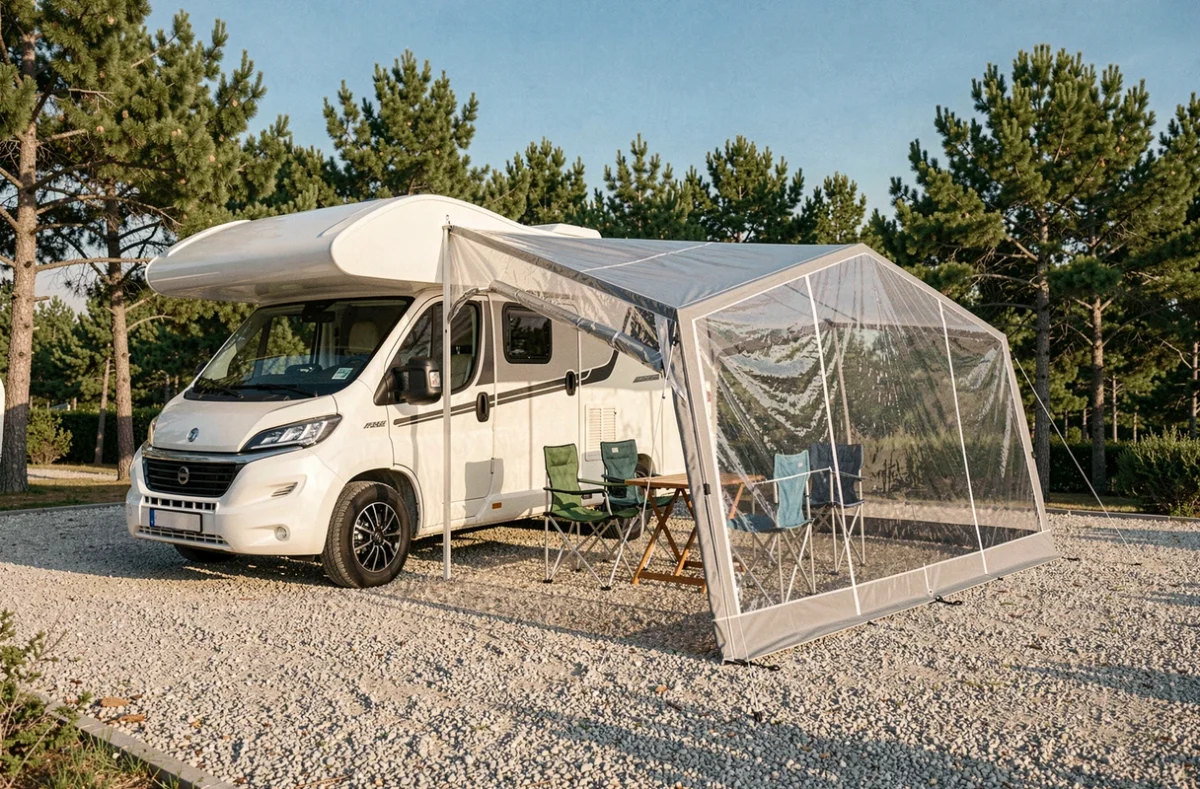 Bâche transparente fixée en auvent sur un camping-car garé sur un terrain de camping avec mobilier de plein air dessous
