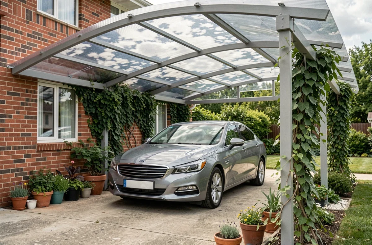Carport avec bâche transparente abritant une voiture devant une maison individuelle avec jardin