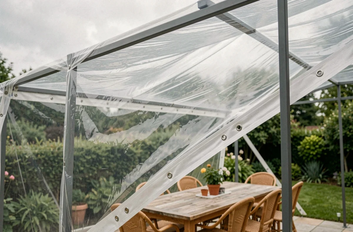 Terrasse résidentielle couverte d'une bâche transparente tendue sur une structure métallique avec salon de jardin en dessous