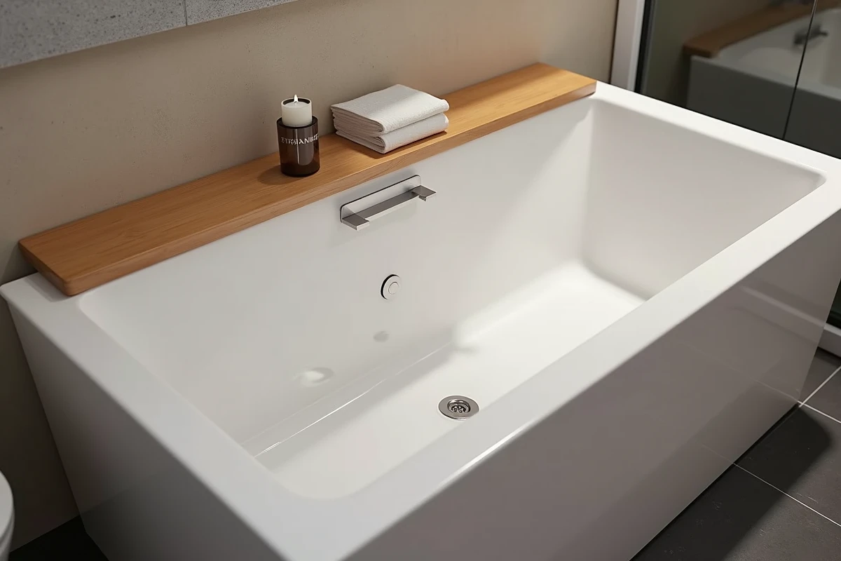 Gros plan sur une baignoire balnéo rectangulaire autoportante dans un espace salle de bain réduit avec carrelage ardoise