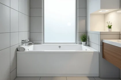 Baignoire rectangulaire balnéo encastrée dans une petite salle de bain moderne aux carreaux gris clairs