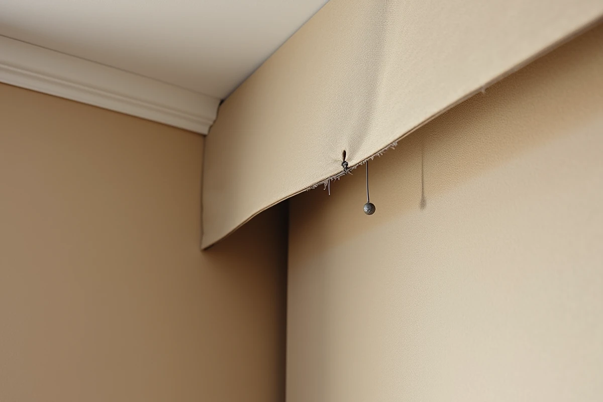 Gros plan sur un bord mal découpé et décollé d'un plafond en toile tendue