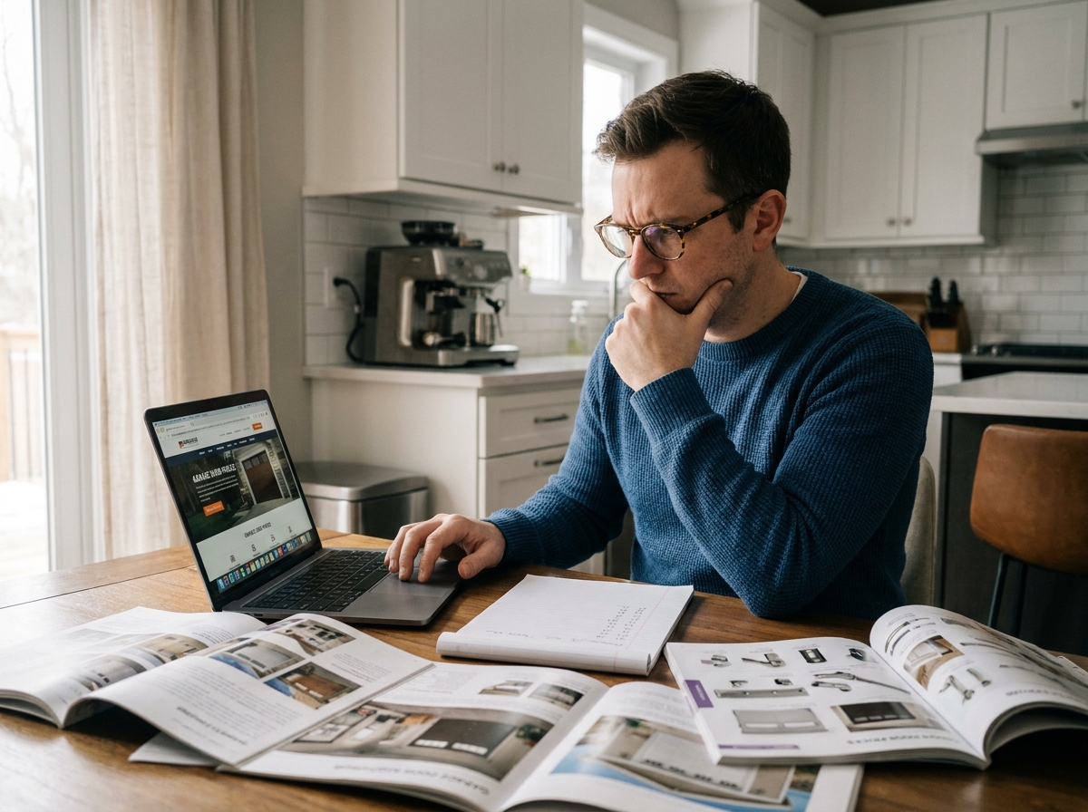 Propriétaire calculant son budget pour le remplacement d'une porte de garage avec catalogues et ordinateur portable
