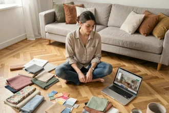 Femme planifiant sa décoration intérieure avec un budget maîtrisé, entourée d'échantillons de tissus et d'un ordinateur portable affichant un site de décoration