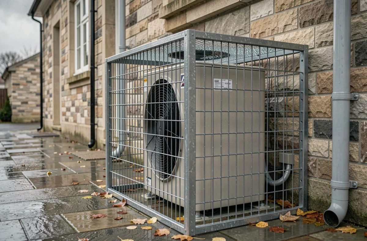 Pompe à chaleur protégée par une cage métallique anti-vent sous la pluie d'automne