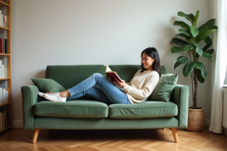 Jeune femme lisant sur un canapé en velours vert sauge