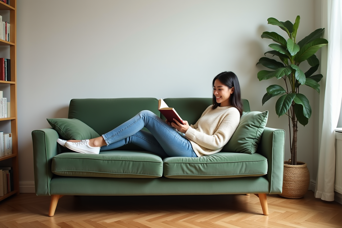 Jeune femme lisant sur un canapé en velours vert sauge