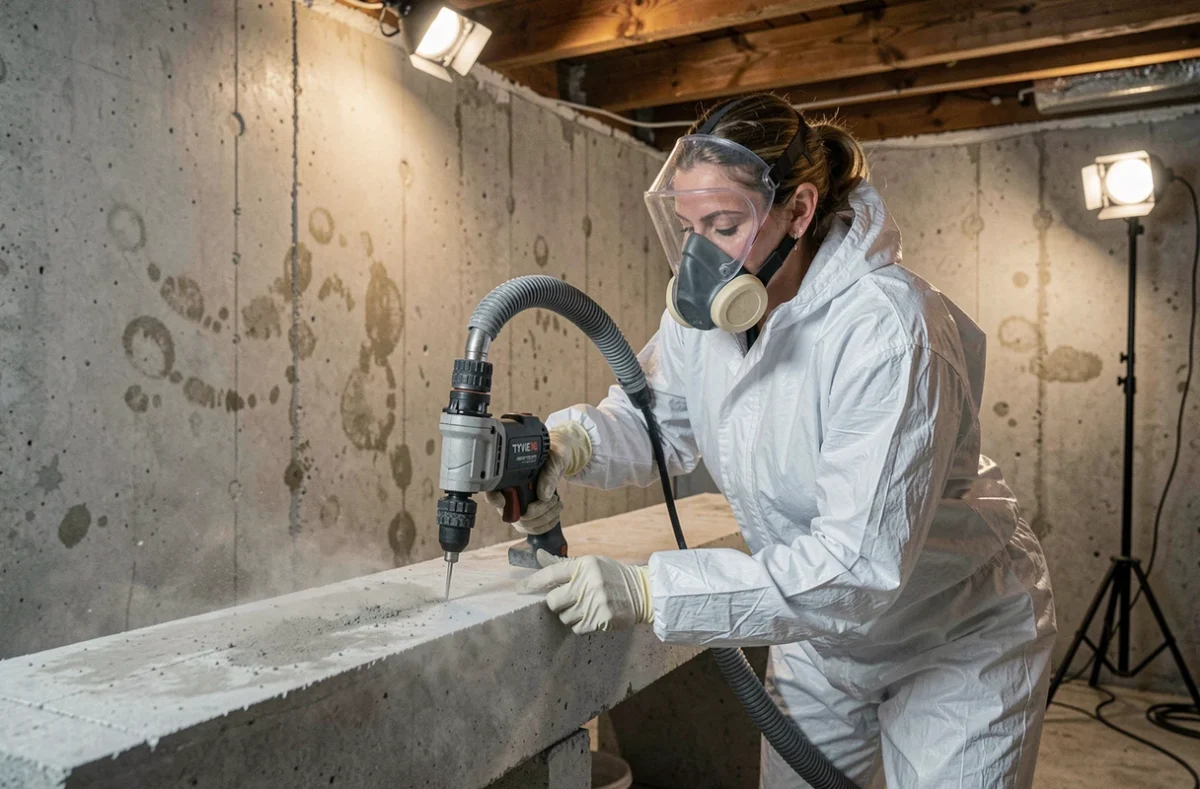 Technicienne utilisant une carotteuse béton avec aspiration intégrée pour couper une dalle sans poussière en sous-sol