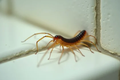 Gros plan hyper-réaliste d'un centipède de maison sur un mur de salle de bain, montrant ses longues pattes et son corps segmenté en détail macro.