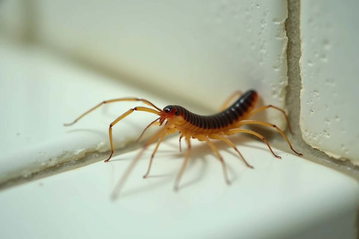 Gros plan hyper-réaliste d'un centipède de maison sur un mur de salle de bain, montrant ses longues pattes et son corps segmenté en détail macro.
