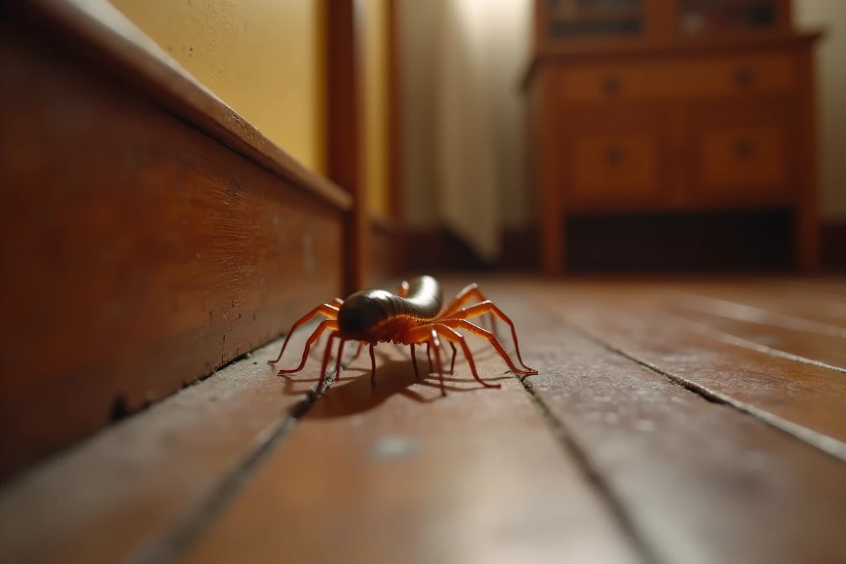 Centipède de maison photographié au ras du sol en train de courir sur un parquet en bois, capturant son mouvement rapide près d'une plinthe.