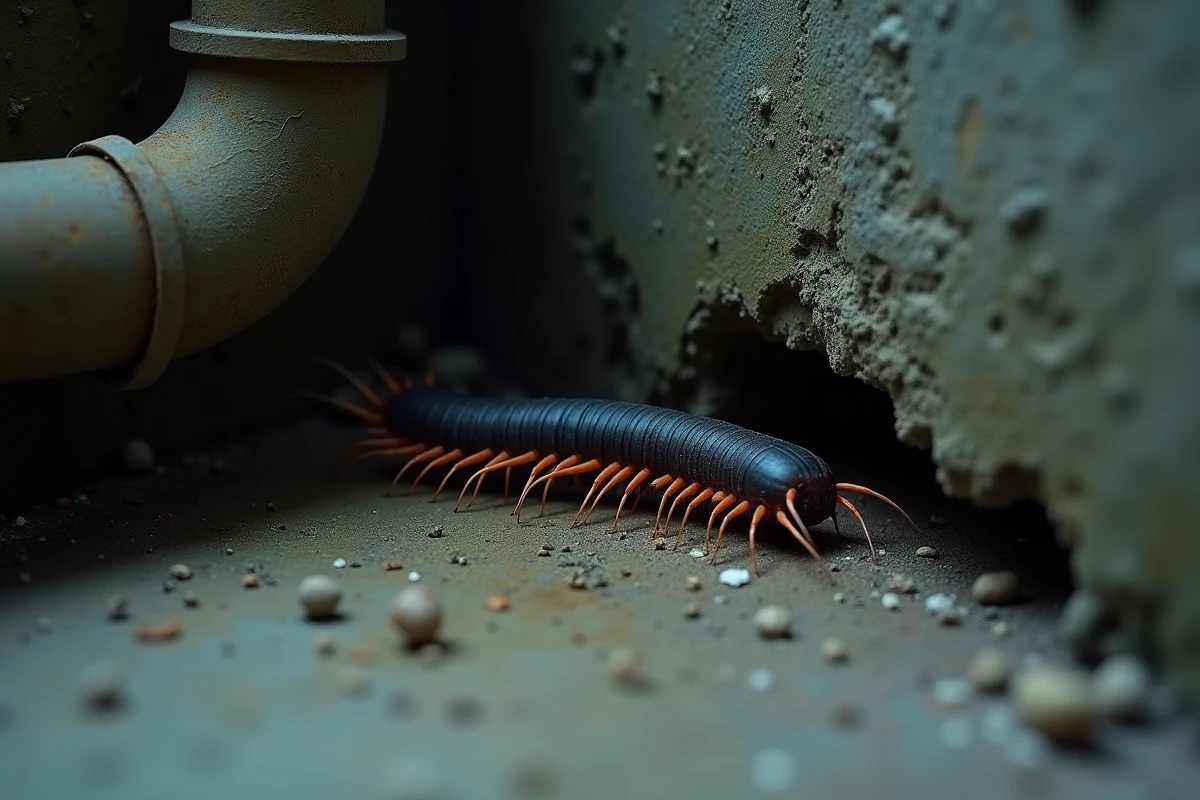 Centipède de maison dans un coin de sous-sol en béton entouré de toiles d'araignées, illustrant son habitat naturel sombre et humide.