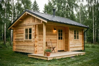 Chalet en bois 20m2 clé en main avec terrasse en bois et bardage pin naturel dans un jardin verdoyant