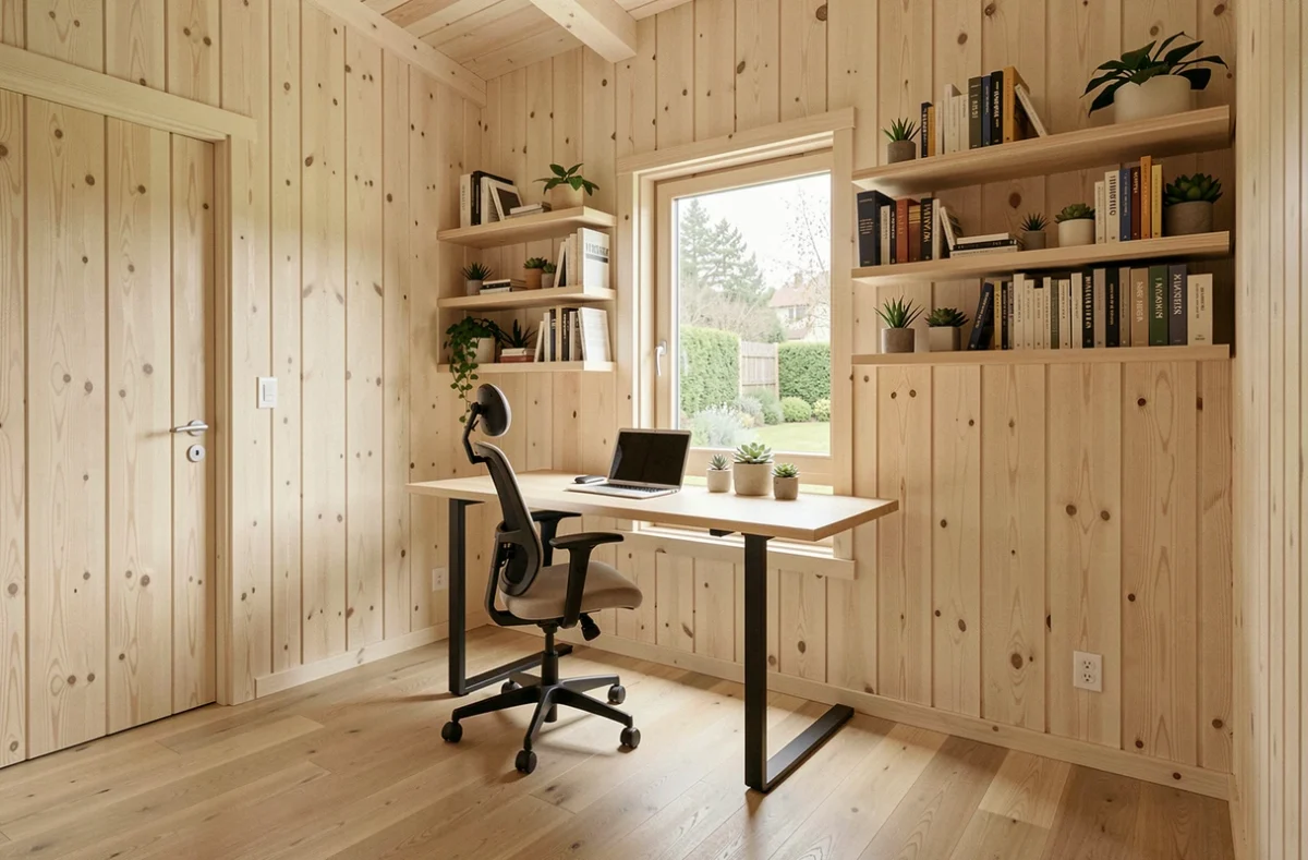 Intérieur d'un chalet bois 20m2 aménagé en bureau de télétravail avec mobilier moderne et bardage épicéa