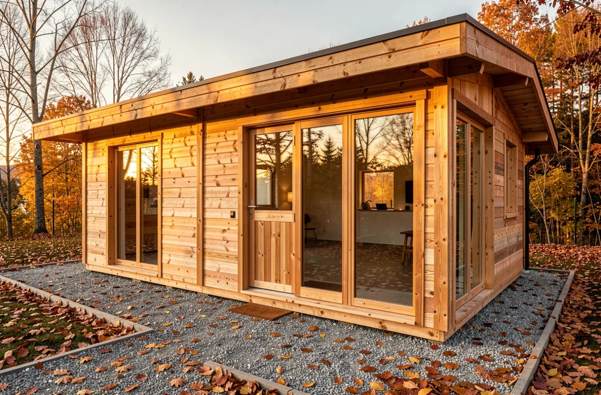 Chalet studio bois 20m2 clé en main photographié en automne avec allée en gravier et façade mélèze