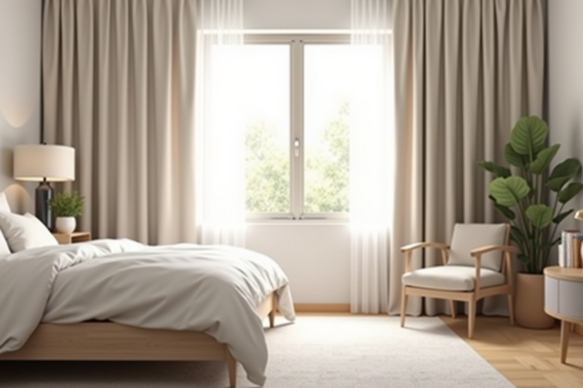 Chambre élégante avec rideaux suspendus au-dessus du sol