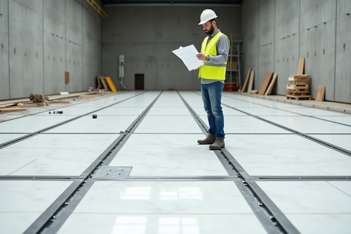 Vue d'ensemble d'un chantier de carrelage grand format avec joints de dilatation en profils aluminium sur un sol commercial en rénovation
