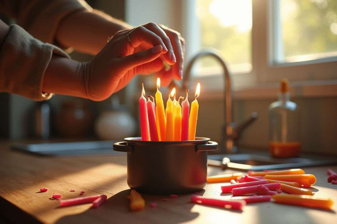Mains faisant fondre des restes de bougies colorées dans un petit pot