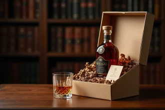 Coffret cadeau whisky élégant avec verre en cristal et bouteille premium sur table en noyer, idéal pour débutant exigeant