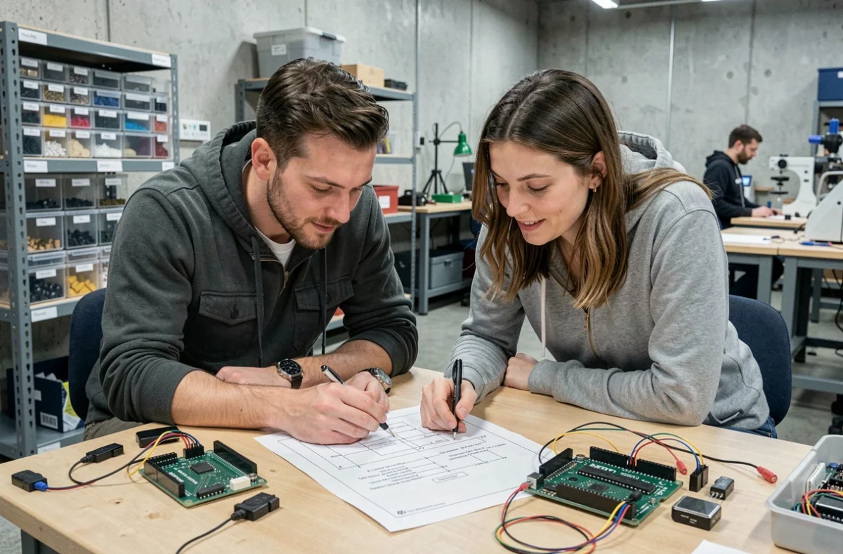 Deux adultes débutants collaborant sur un projet Arduino dans un fablab communautaire avec schéma électronique et capteurs