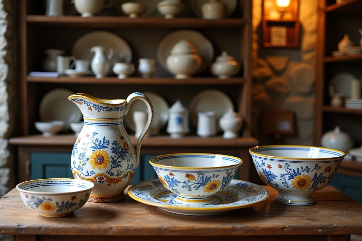 Collection de faïences Henriot Quimper anciennes exposées dans une boutique d'antiquités française