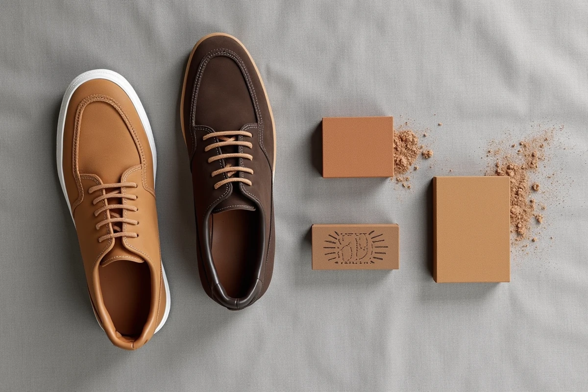 Vue de dessus de chaussures en nubuck tachées et d'une gomme à nubuck sur fond de lin gris, comparaison avant nettoyage