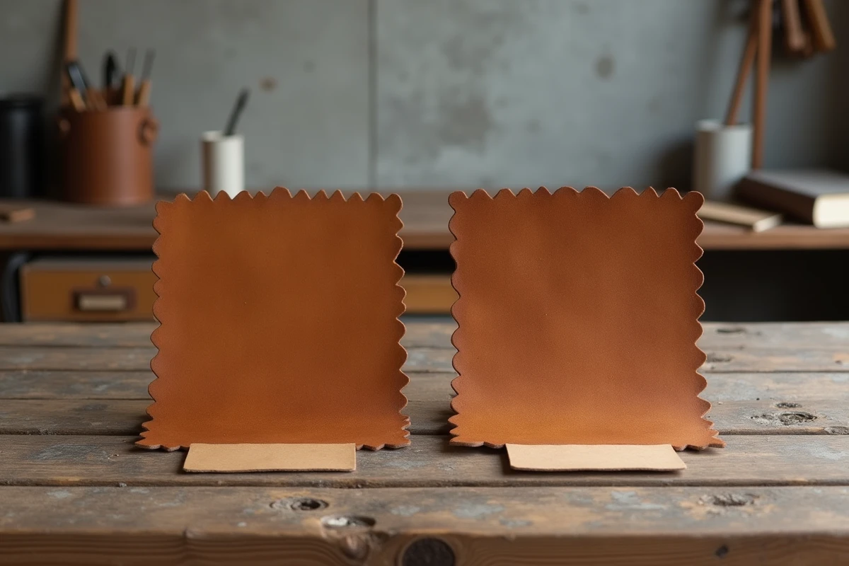 Comparaison de deux échantillons de cuir aniline montrant un cuir sain face à un cuir abîmé par des taches et une décoloration