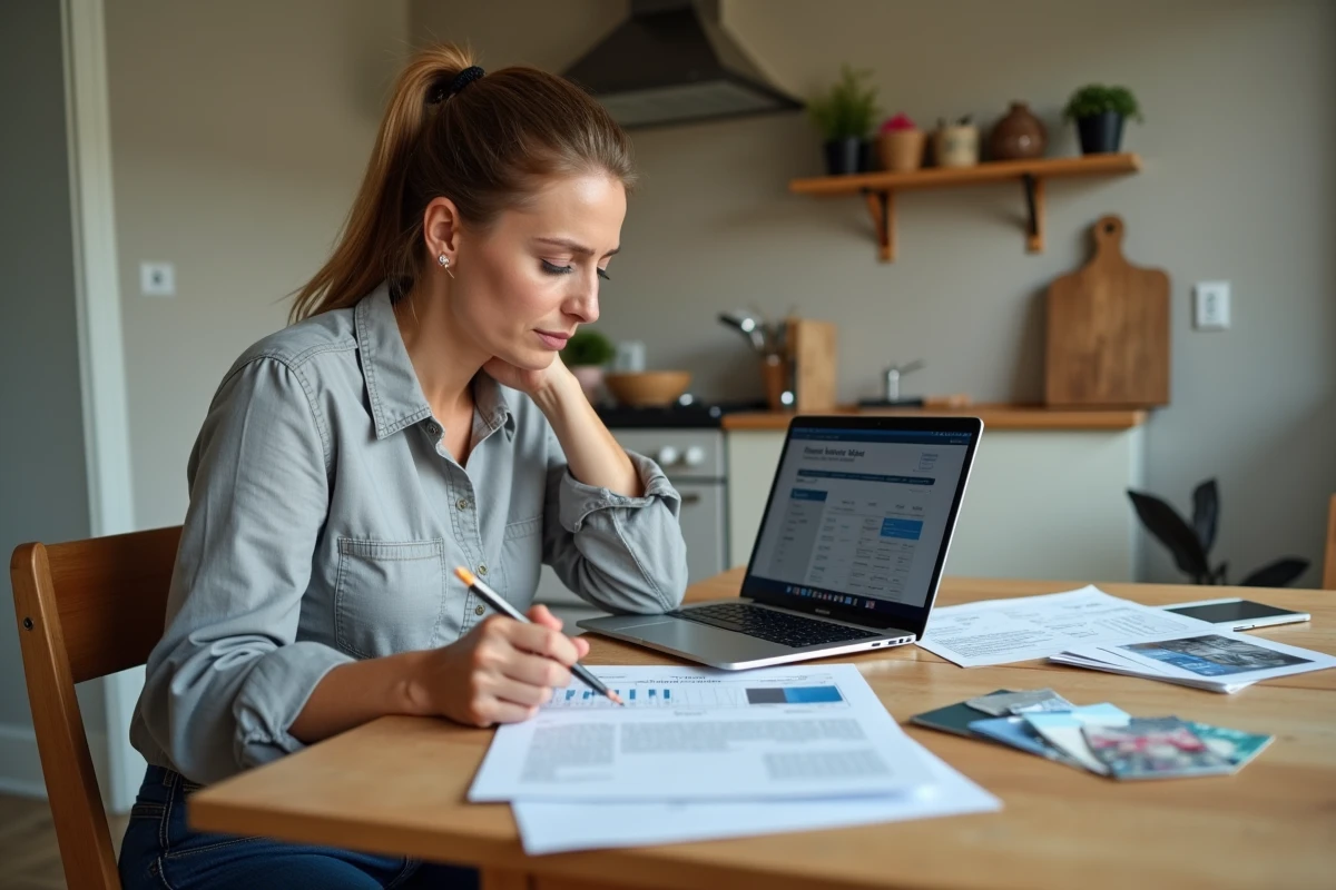 Femme comparant des devis de travaux gratuits sur un ordinateur portable à une table de cuisine en cours de rénovation