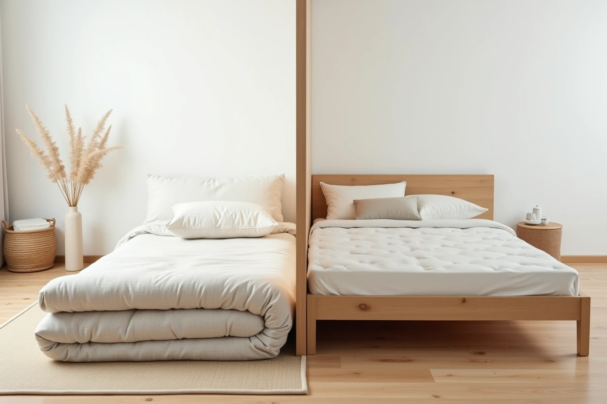 Comparaison visuelle entre un futon japonais rangé et un lit classique avec matelas épais dans une chambre partagée