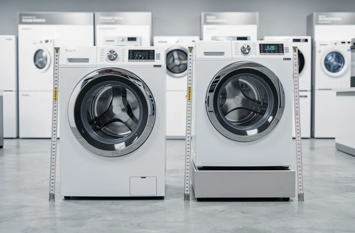Comparaison de deux machines à laver côte à côte avec et sans socle, illustrant la différence de hauteur standard en magasin