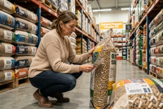 Femme comparant les prix de pellets de bois de différentes marques dans un rayon de grande surface type Leclerc