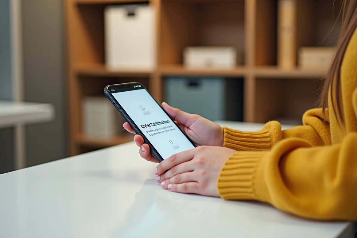 Confirmation de commande en ligne affichée sur smartphone lors du retrait marchandises en magasin Alinéa