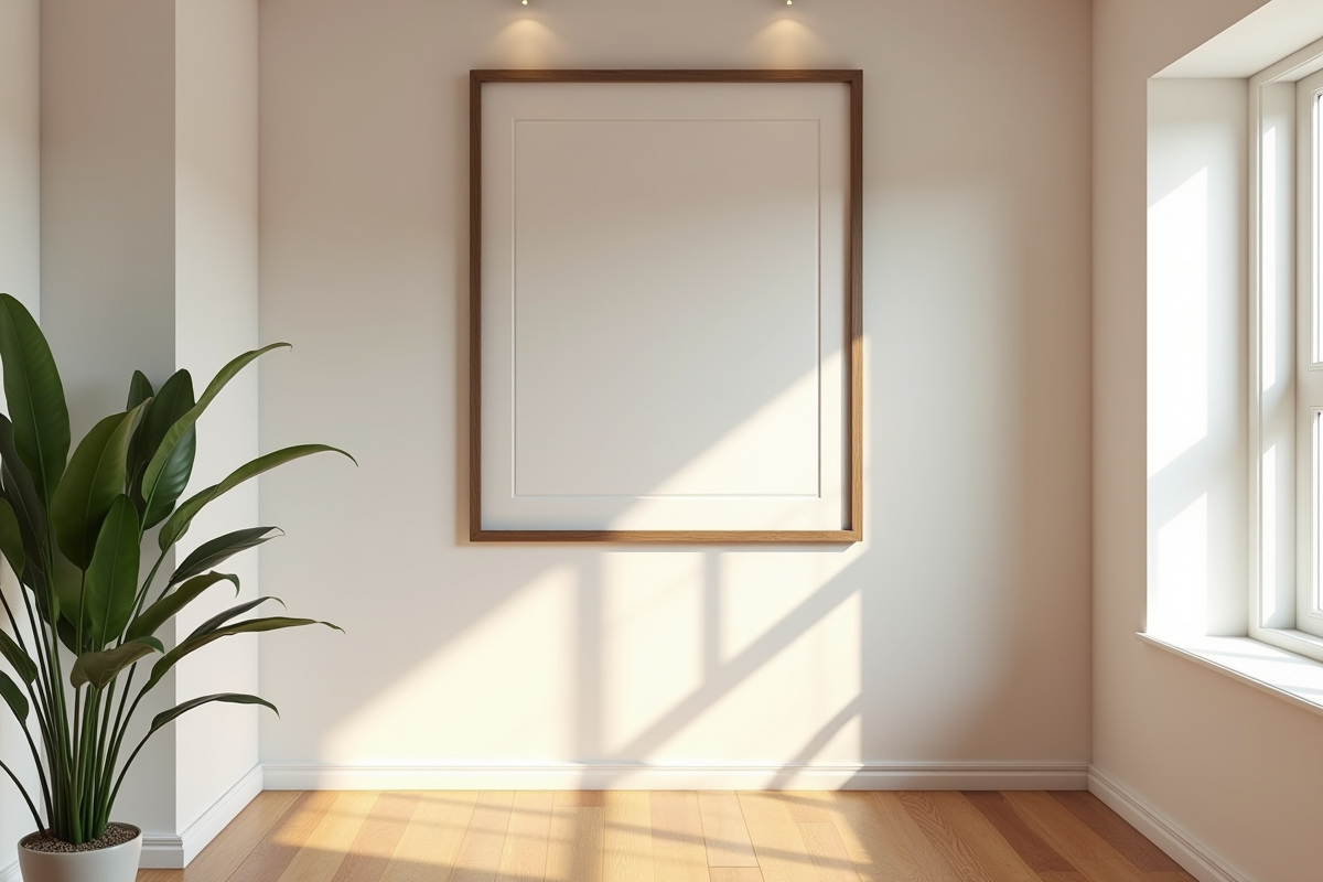 Couloir lumineux avec tableau classique et plante verte