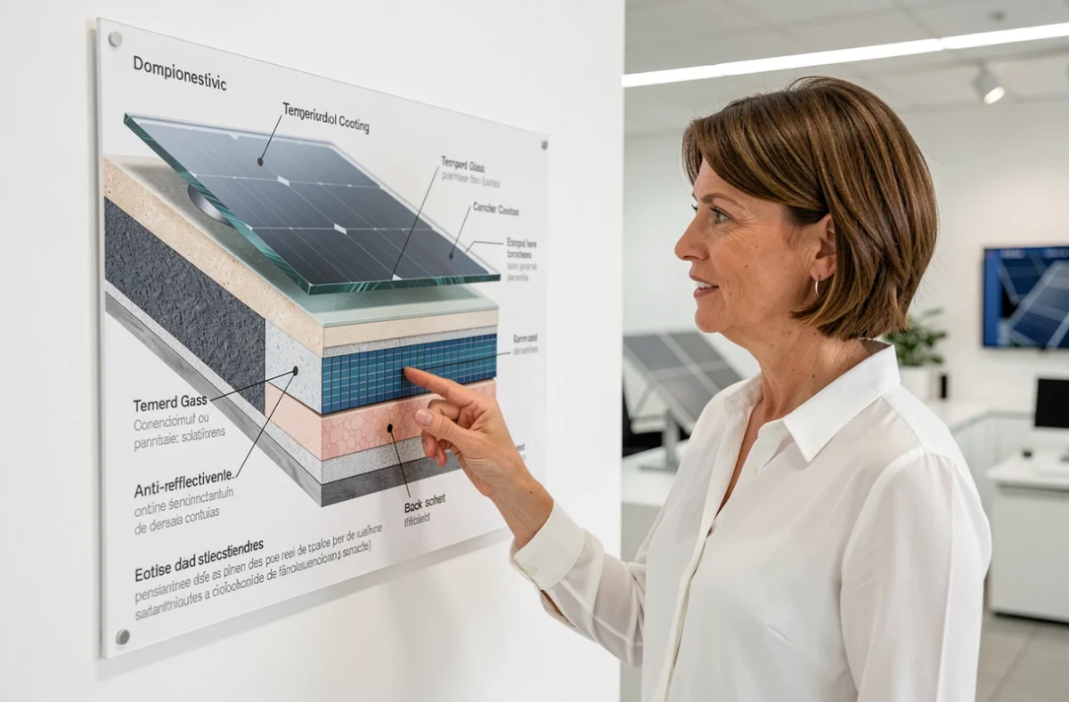 Coupe transversale détaillée des couches internes d'un panneau photovoltaïque présentée dans un showroom énergétique moderne
