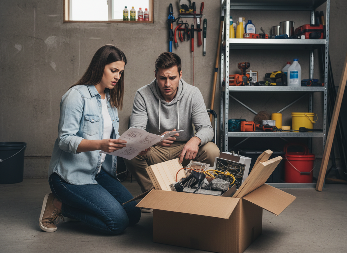 Jeune couple assemble sauna dans garage en bricolage