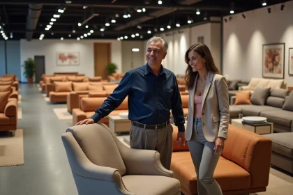 Couple en train de choisir un fauteuil dans un showroom Poltrone et Sofa à Plan de Campagne