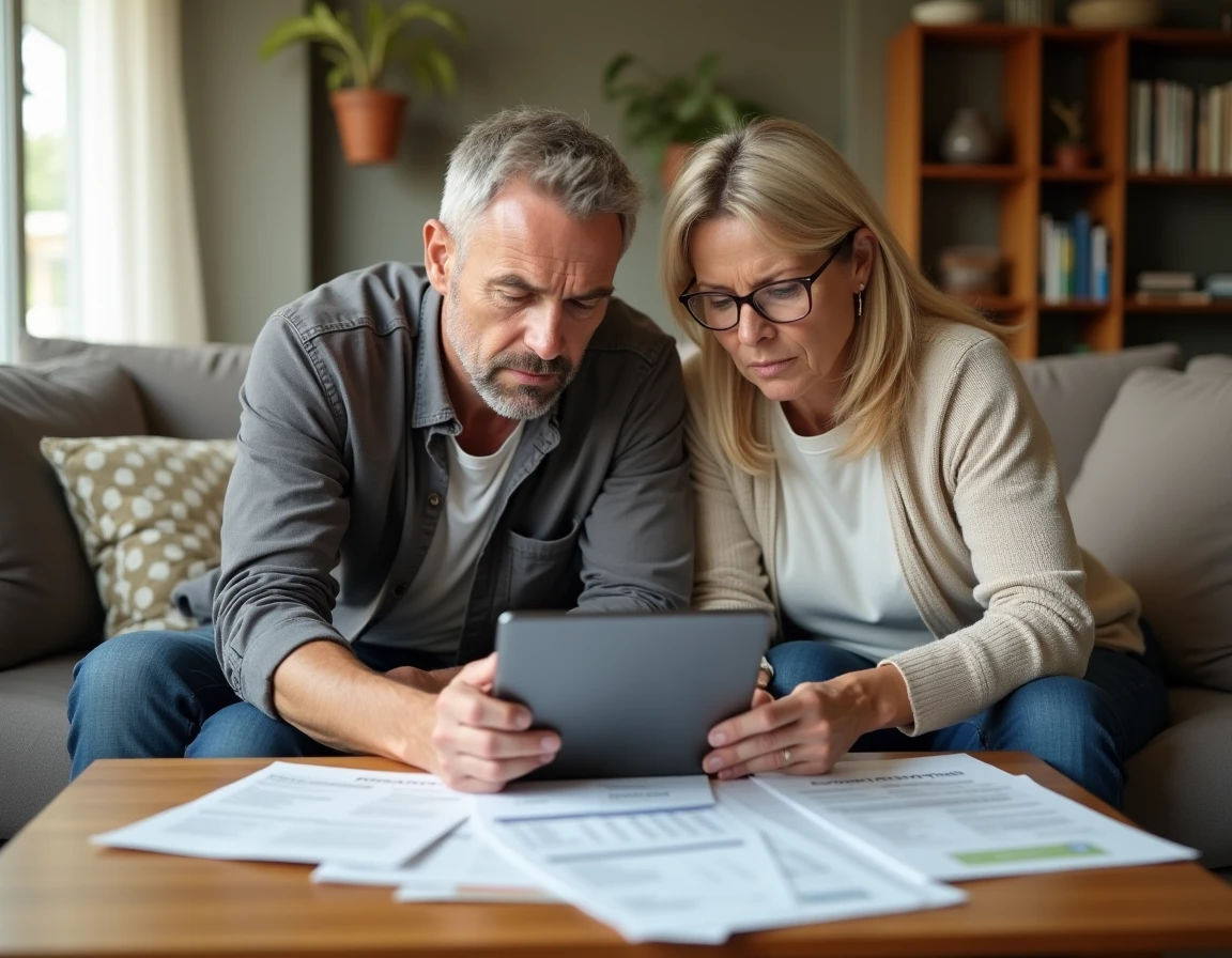 Couple comparant des devis de travaux imprimés et un budget sur tablette dans leur salon