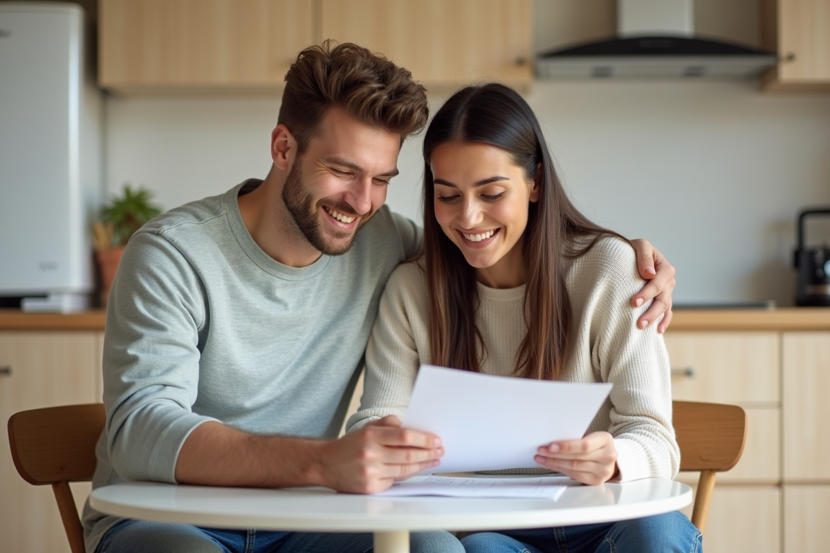 Jeune couple examinant des documents de chauffage à la maison